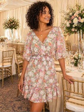 Lush floral surplice vneck puff sleeve ruffle mini dress